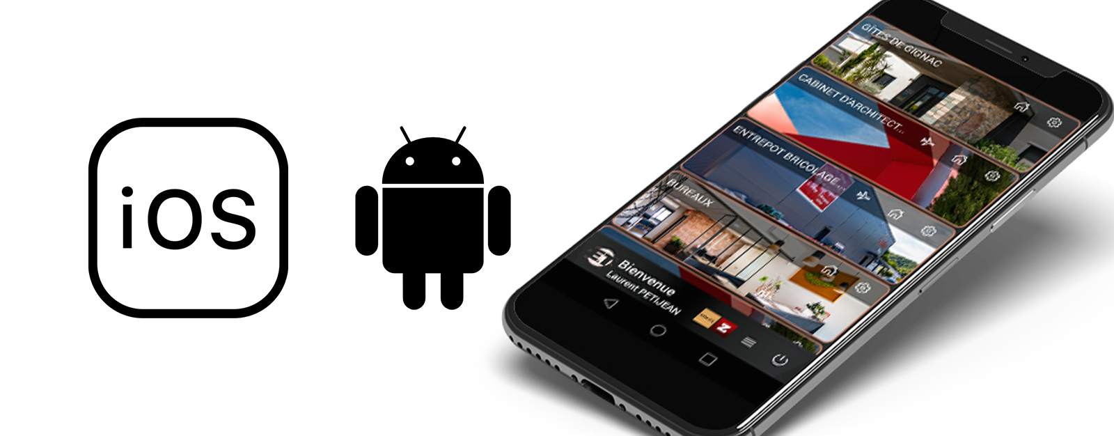 Logos ios et androïd avec un smartphone sur l'application mobile et connexion