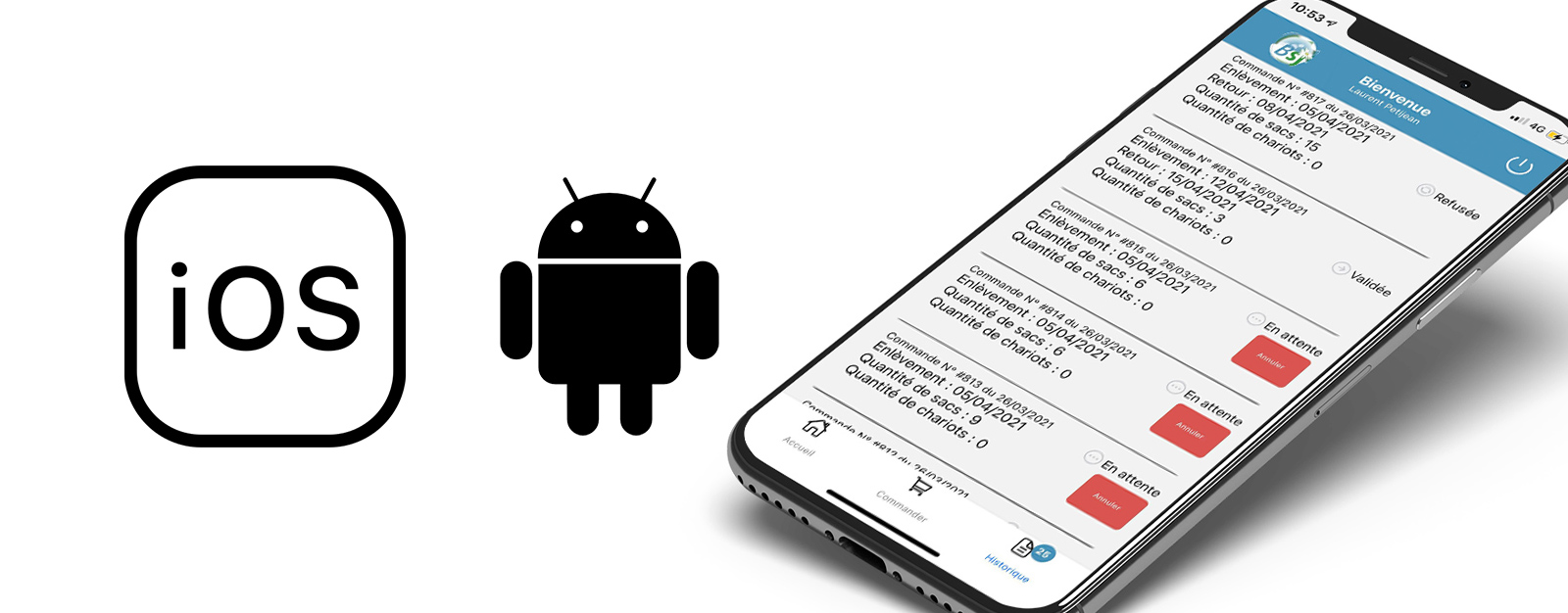 Logos ios et androïd avec un smartphone sur l'application mobile BSJ Sud