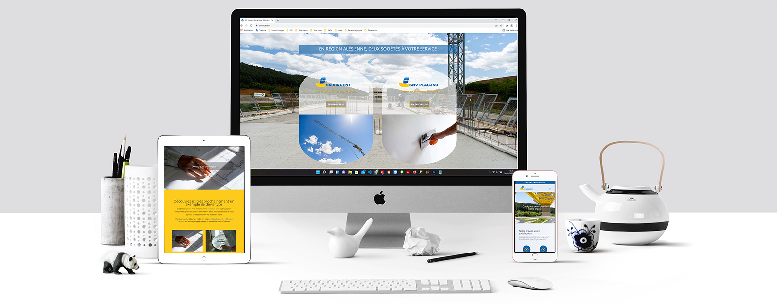 Le site de SN Vincent sur un écran Mac, un écran de tablette et un écran d'Iphone