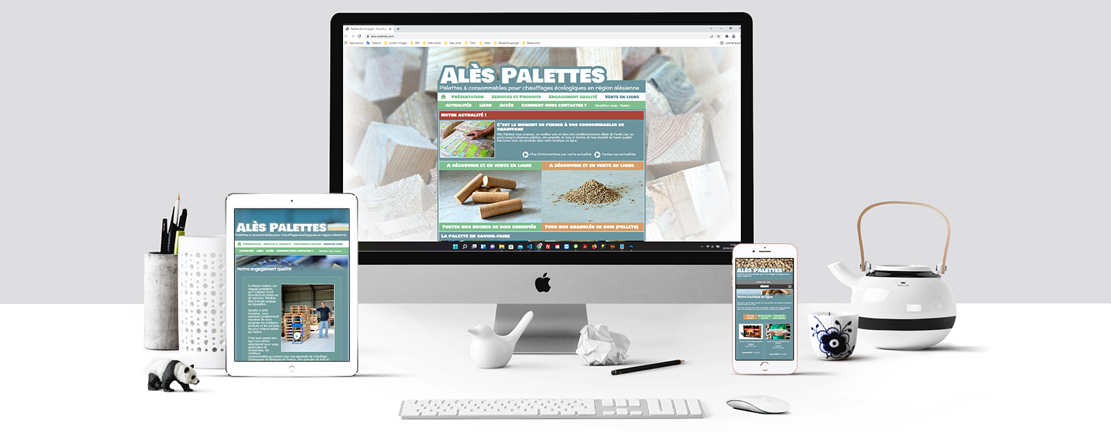 Le site de Alès palettes sur un écran Mac, un écran de tablette et un écran d'Iphone