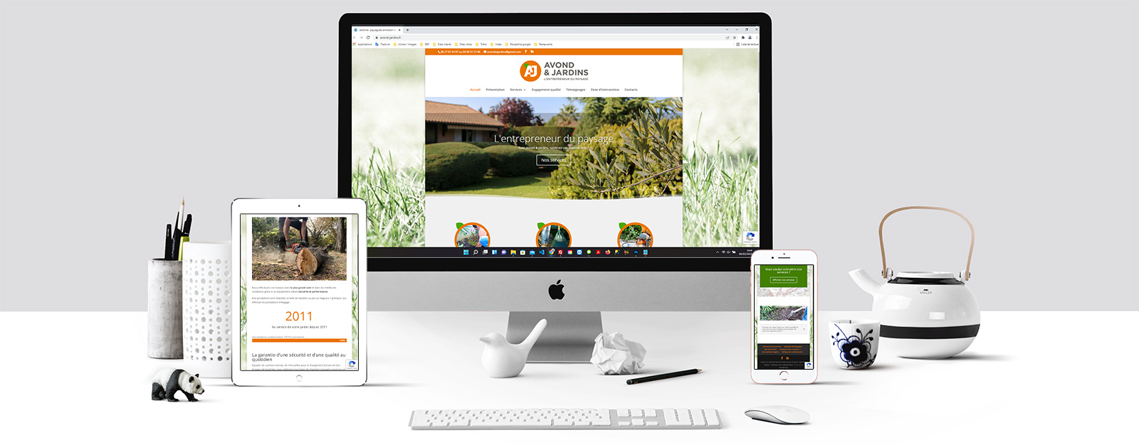 Le site de Avond & jardins sur un écran Mac, un écran de tablette et un écran d'Iphone