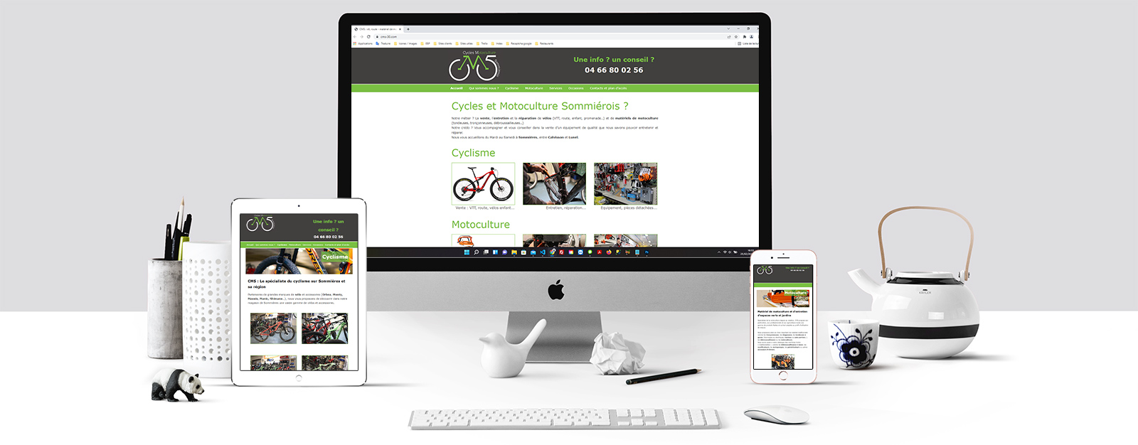Le site cycles et motoculture Sommiérois sur un écran Mac, un écran de tablette et un écran d'Iphone