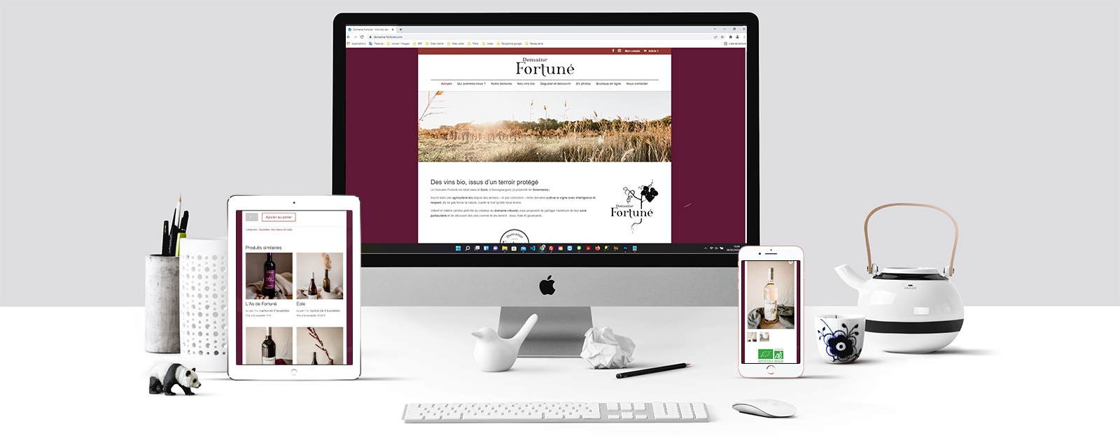 Le site du Domaine Fortuné sur un écran Mac, un écran de tablette et un écran d'Iphone