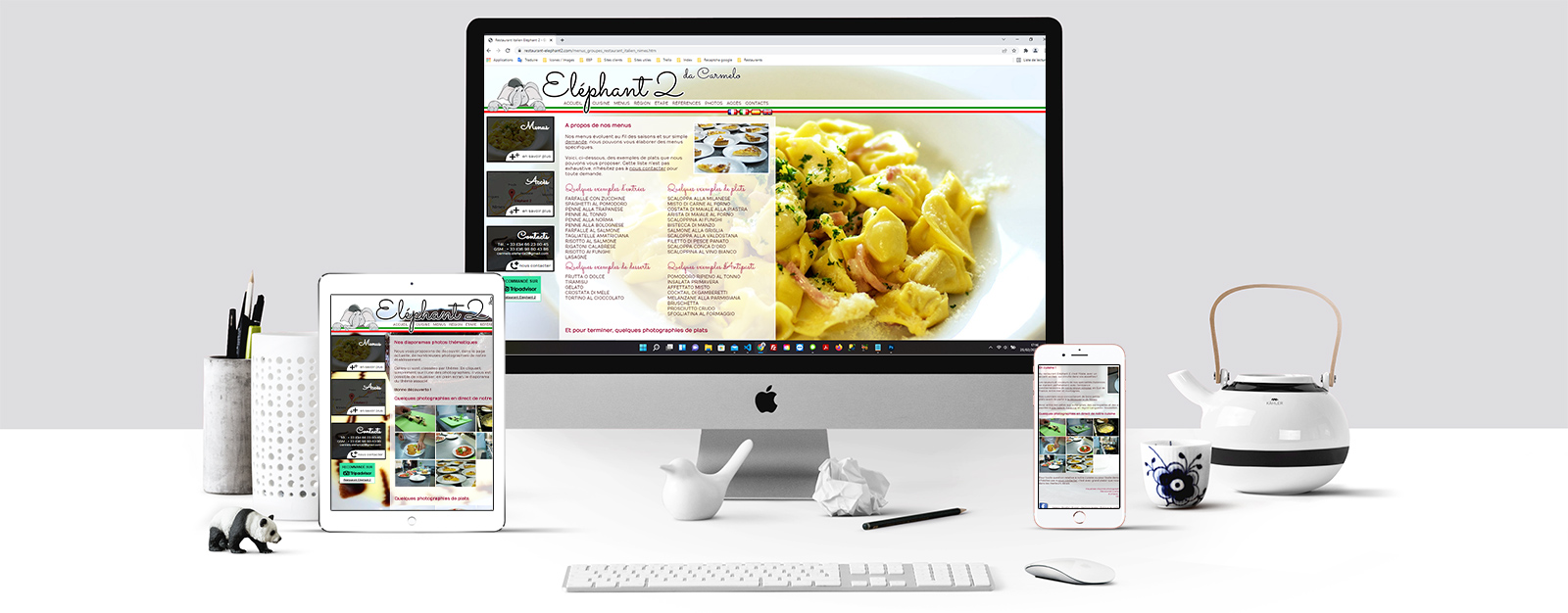 Le site éléphant 2 sur un écran Mac, un écran de tablette et un écran d'Iphone