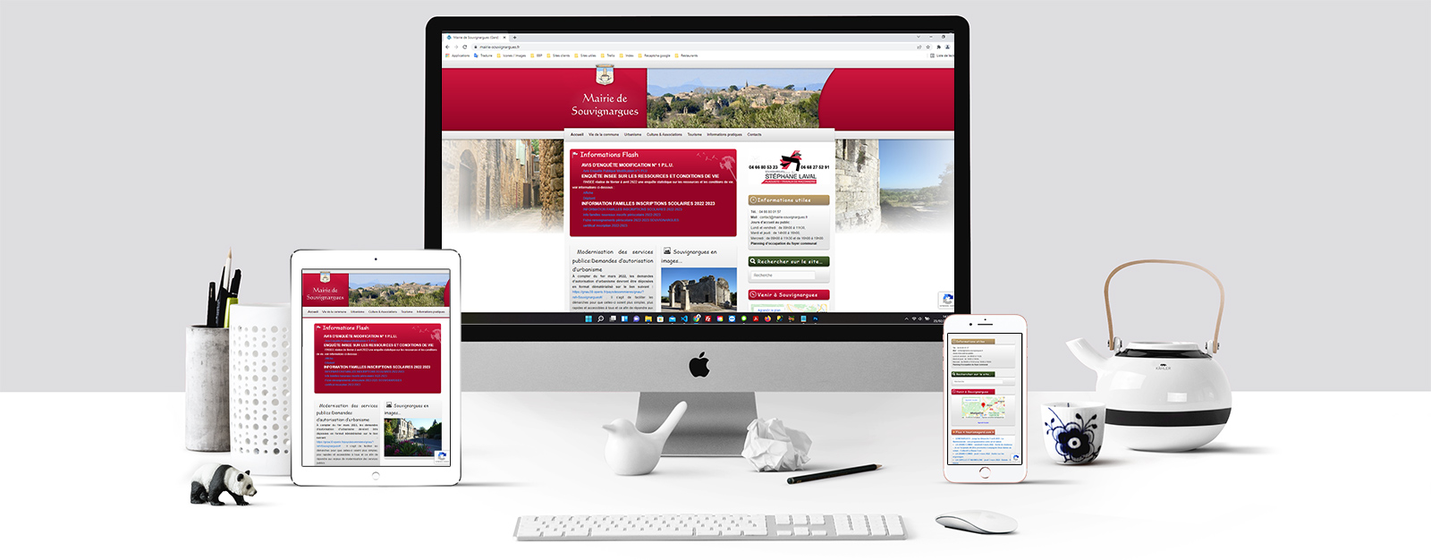 Le site de la mairie de Souvignargues sur un écran Mac, un écran de tablette et un écran d'Iphone