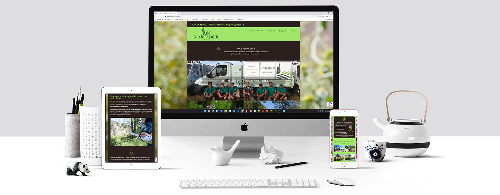 Le site de Marcadier paysage sur un écran Mac, un écran de tablette et un écran d'Iphone