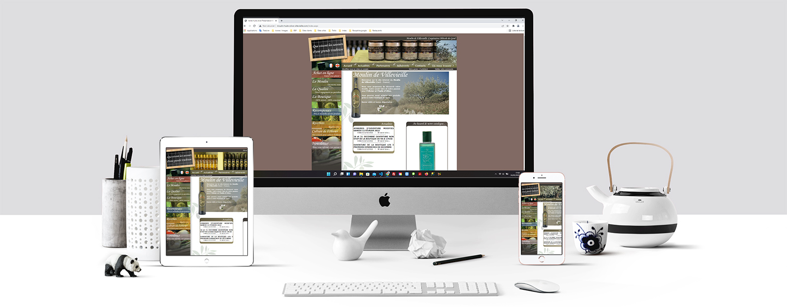 Le site moulin à huile Villevieille sur un écran Mac, un écran de tablette et un écran d'Iphone