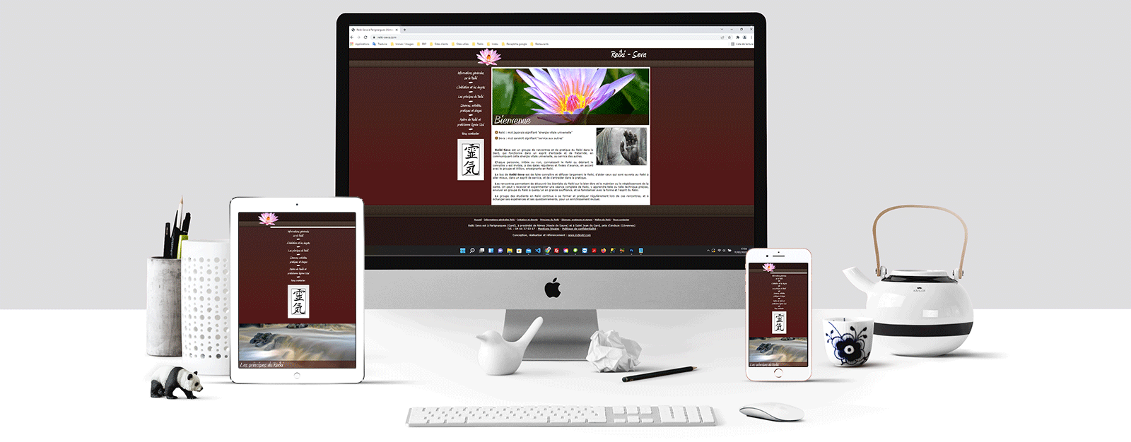 Le site Reiki Seva sur un écran Mac, un écran de tablette et un écran d'Iphone