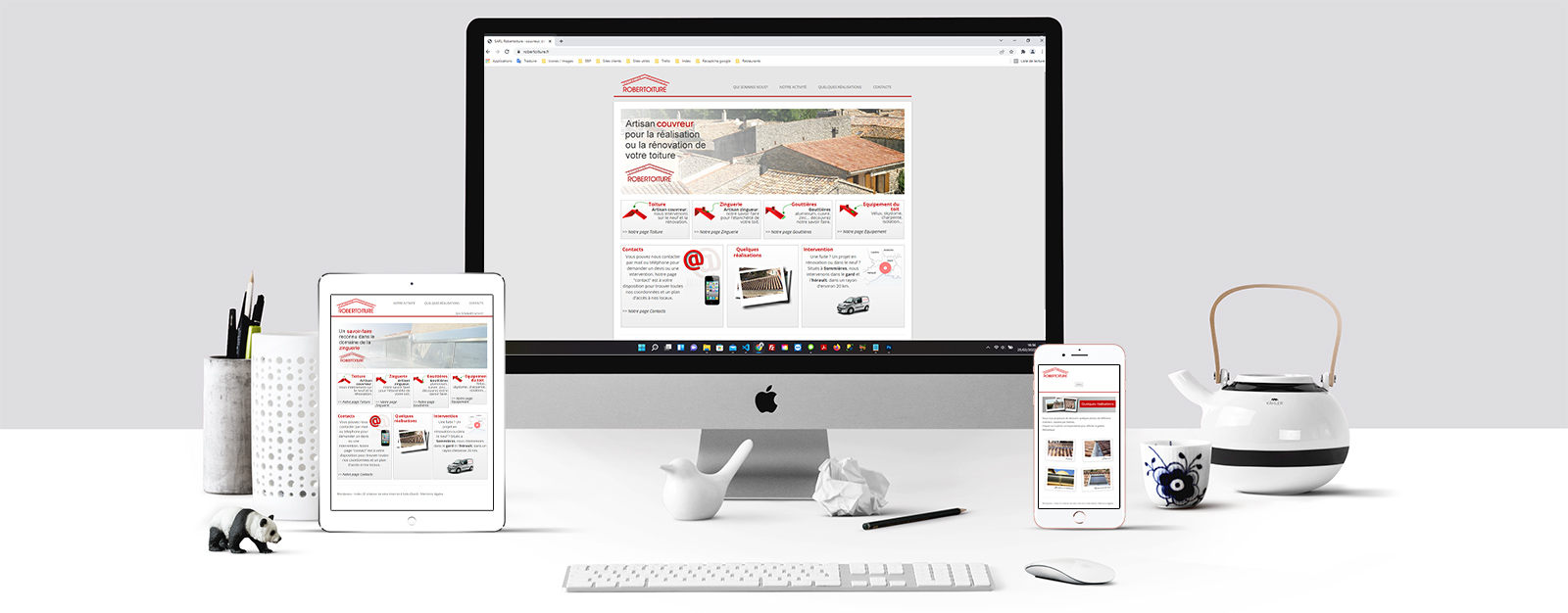 Le site de Robert toiture sur un écran Mac, un écran de tablette et un écran d'Iphone