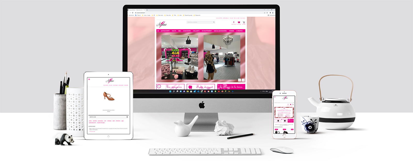 Le site de Sissone danse sur un écran Mac, un écran de tablette et un écran d'Iphone