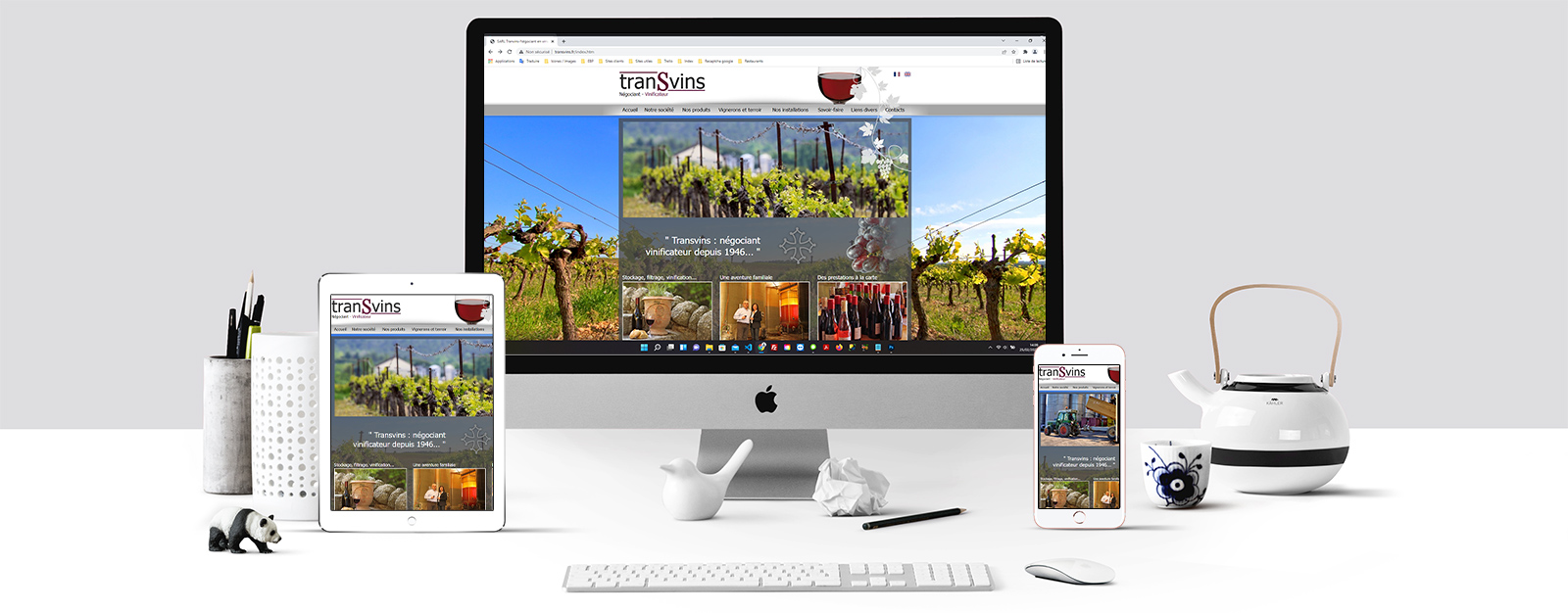Le site transvins sur un écran Mac, un écran de tablette et un écran d'Iphone