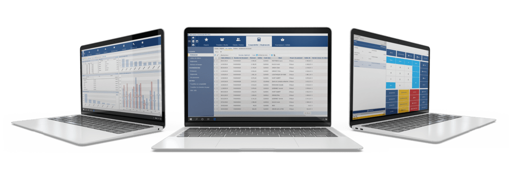 Trois ordinateurs portables affichant des logiciel de gestion et comptabilité EBP