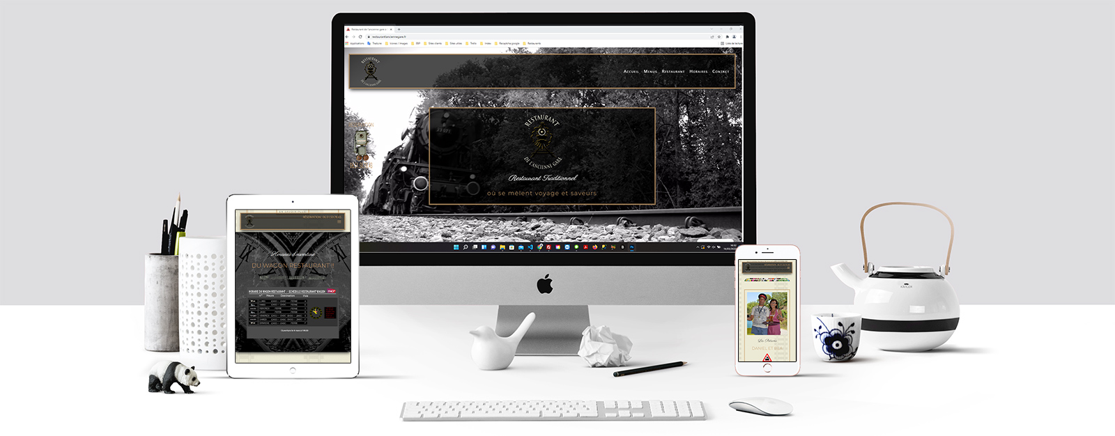 Le site du restaurant L'Ancienne Gare sur un écran Mac, un écran de tablette et un écran d'Iphone sur un écran Mac, un écran de tablette et un écran d'Iphone