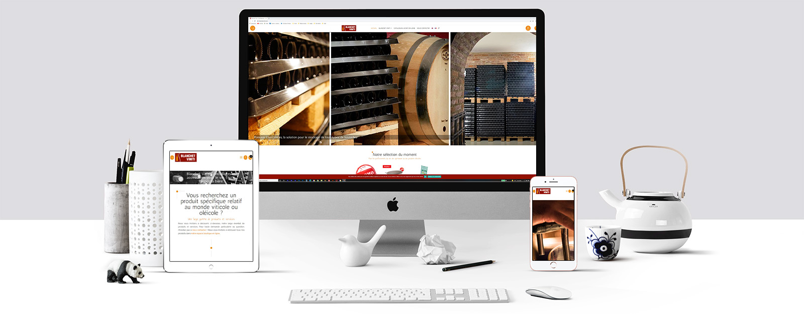 Le site de Blanchet Viniti sur un écran Mac, un écran de tablette et un écran d'Iphone