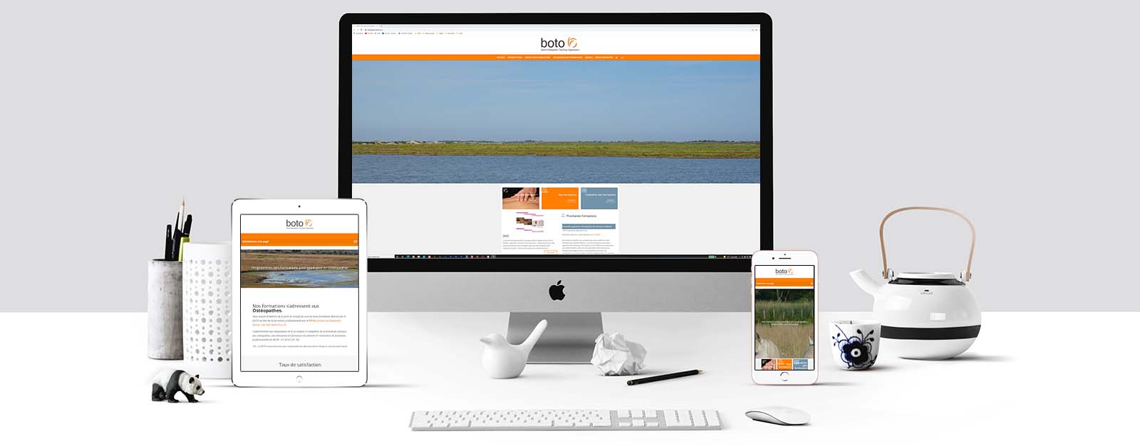 Le site Boto sur un écran Mac, un écran de tablette et un écran d'Iphone