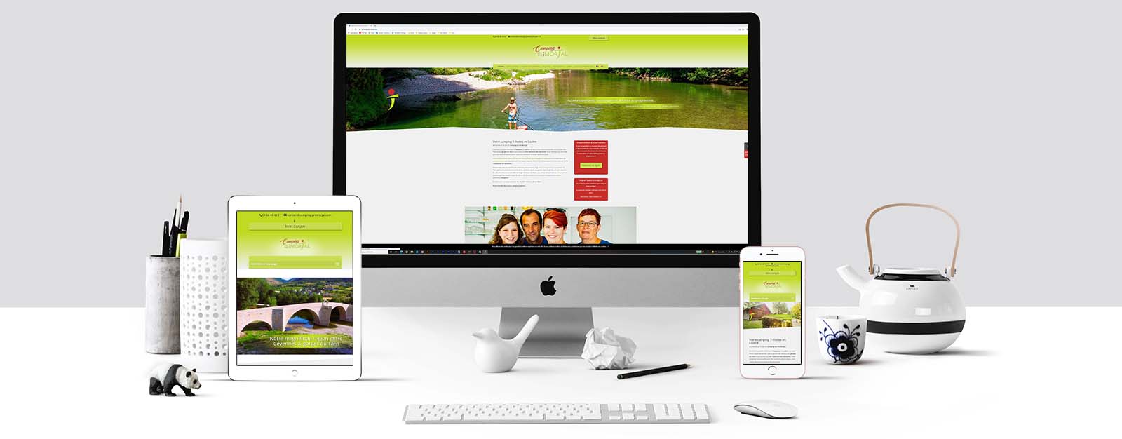 Le site du camping du Prémorjal sur un écran Mac, un écran de tablette et un écran d'Iphone