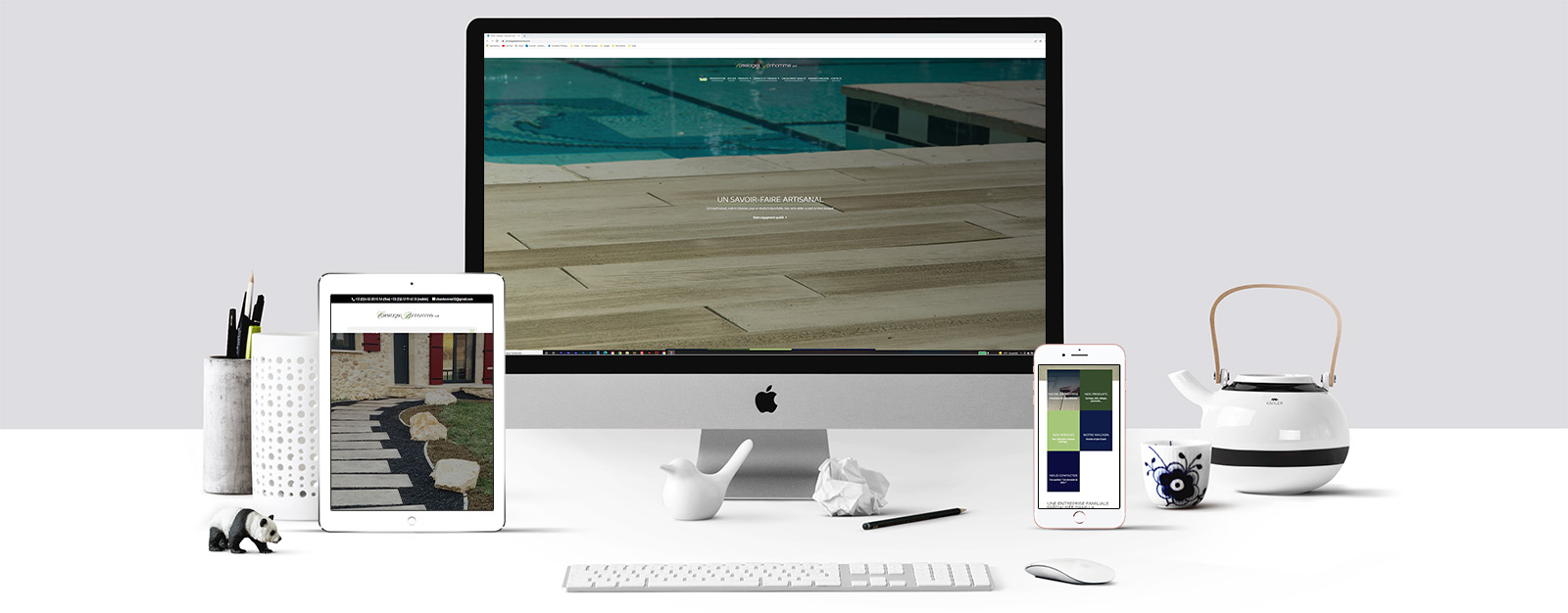Le site de Carrelages Bonhomme sur un écran Mac, un écran de tablette et un écran d'Iphone