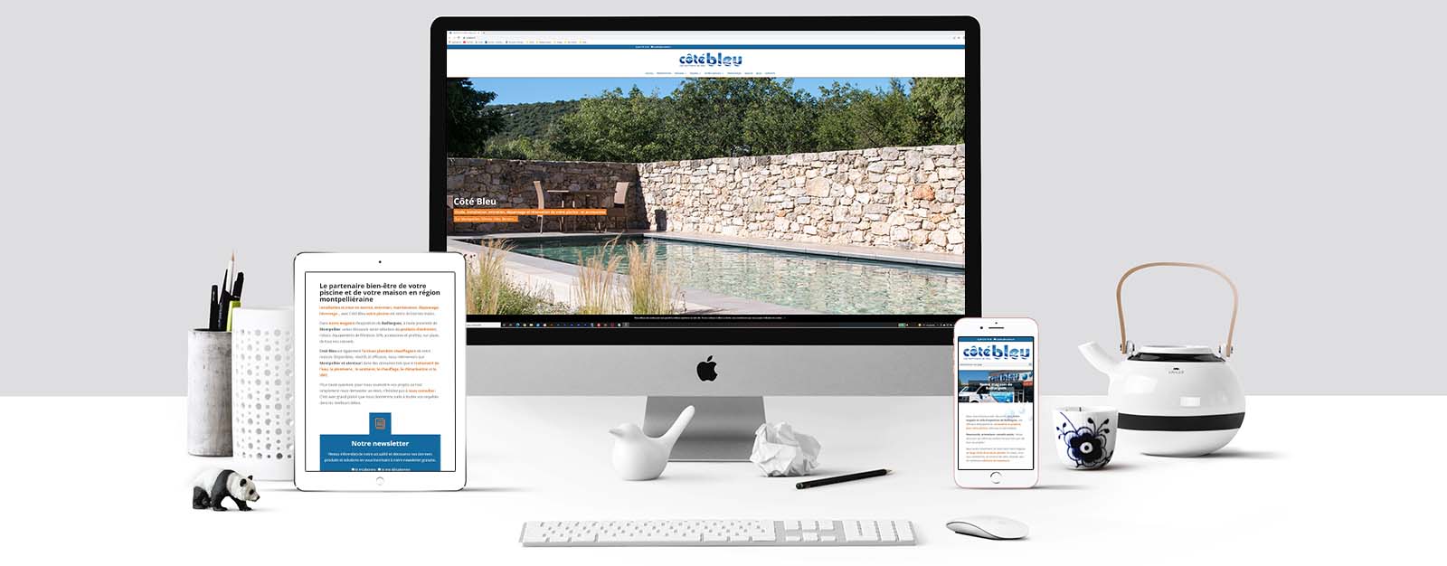 Le site Côté Bleu sur un écran Mac, un écran de tablette et un écran d'Iphone