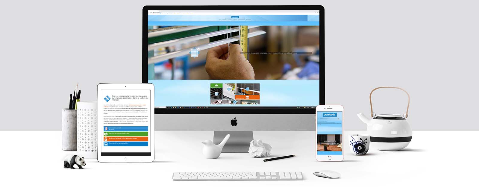 Le site Crambade sur un écran Mac, un écran de tablette et un écran d'Iphone