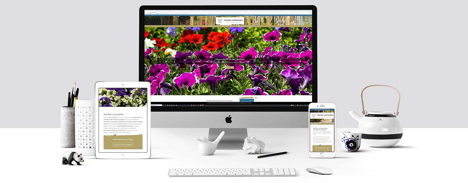 Le site Fleurs des Cévennes sur un écran Mac, un écran de tablette et un écran d'Iphone