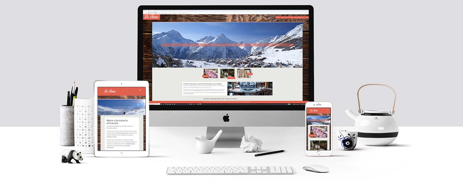 Le site de La Ferme sur un écran Mac, un écran de tablette et un écran d'Iphone
