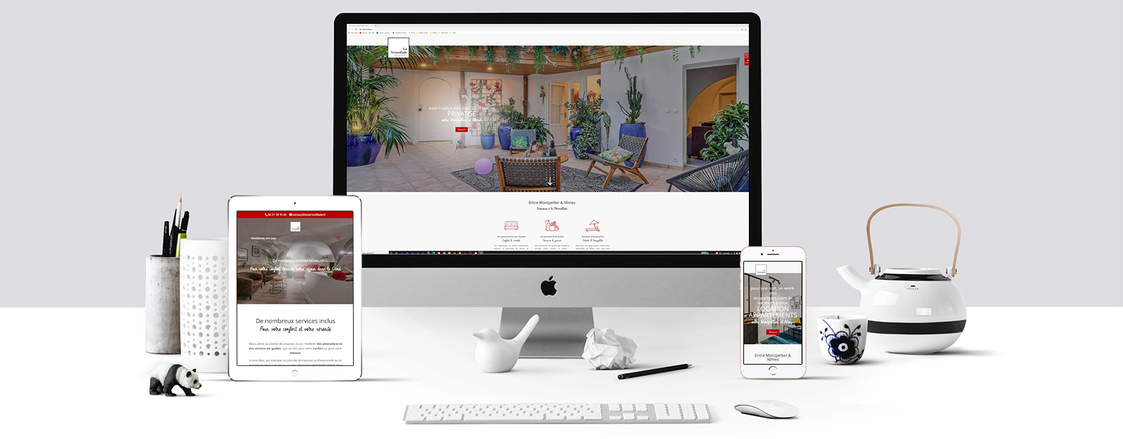 Le site de La Vermeillade sur un écran Mac, un écran de tablette et un écran d'Iphone