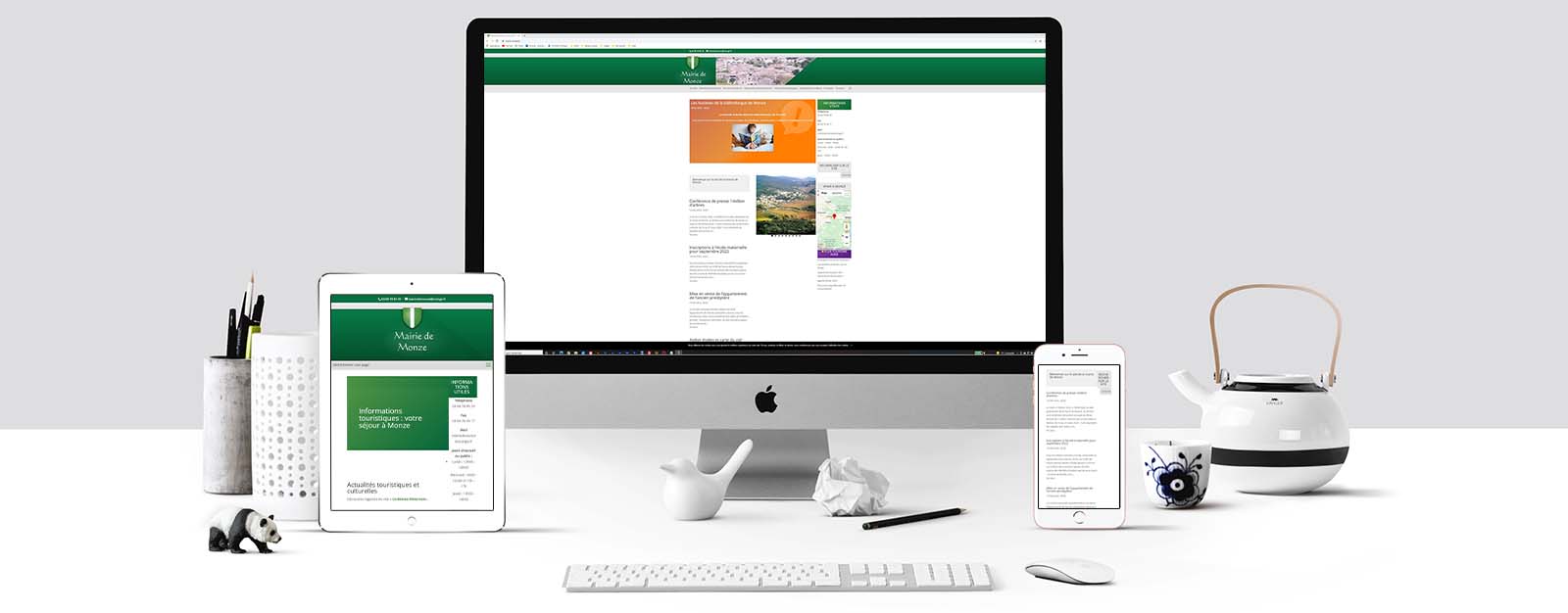 Le site de la mairie de Monze sur un écran Mac, un écran de tablette et un écran d'Iphone