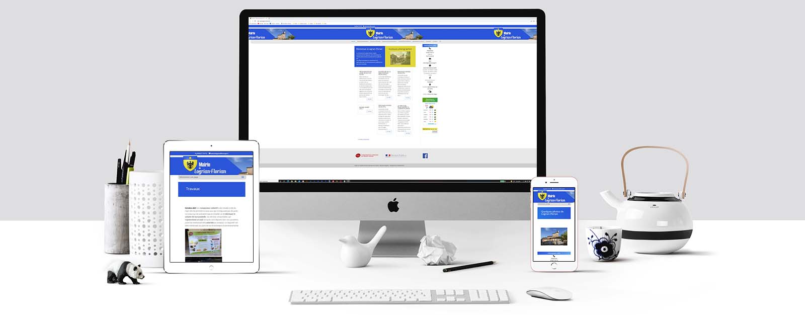 Le site de la mairie de Logrian-Florian sur un écran Mac, un écran de tablette et un écran d'Iphone