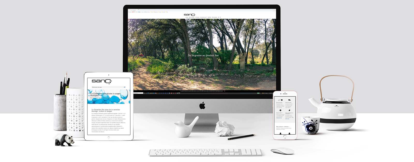 Le site Sancoil sur un écran Mac, un écran de tablette et un écran d'Iphone