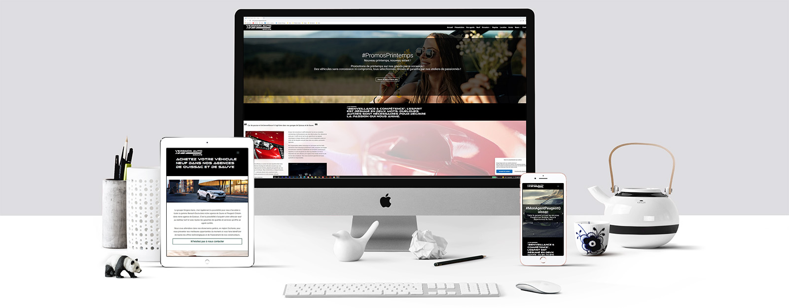 Le site du Groupe Vergnon Auto sur un écran Mac, un écran de tablette et un écran d'Iphone sur un écran Mac, un écran de tablette et un écran d'Iphone