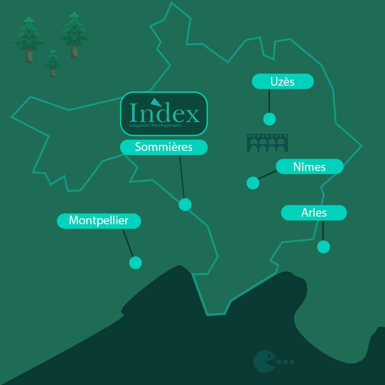 Plan d'accès à al'gence internet Index LD située dans le Gard, entre Nîmes, Uzès, Arles et Montpellier