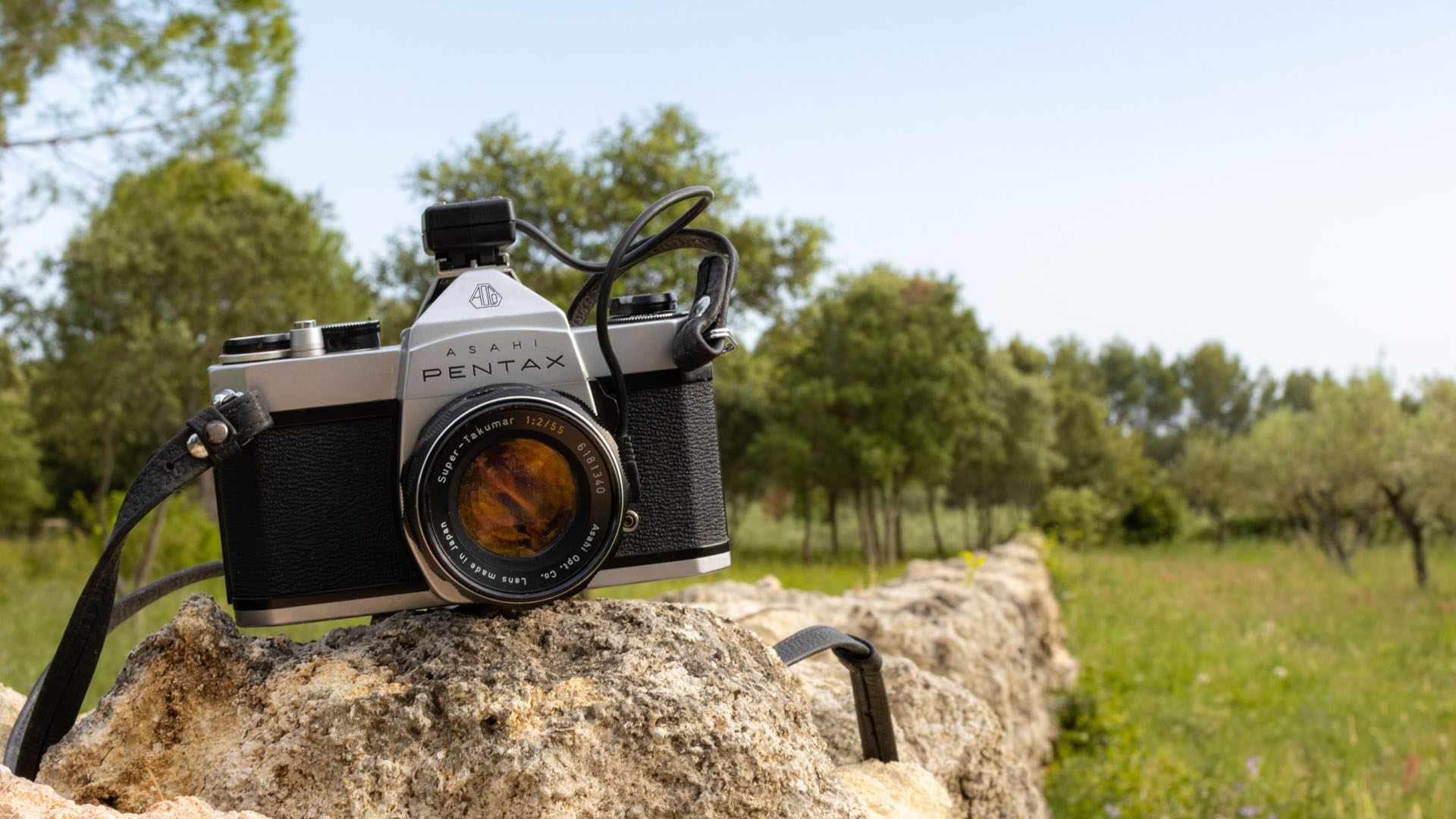 Appareil photo argentique Pentax posé sur un mur de pierres sèches à Villevieille - gard