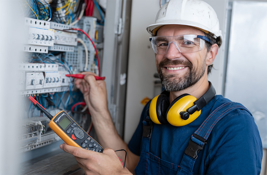 Electricien Electricien souriant devant un compteur électrique