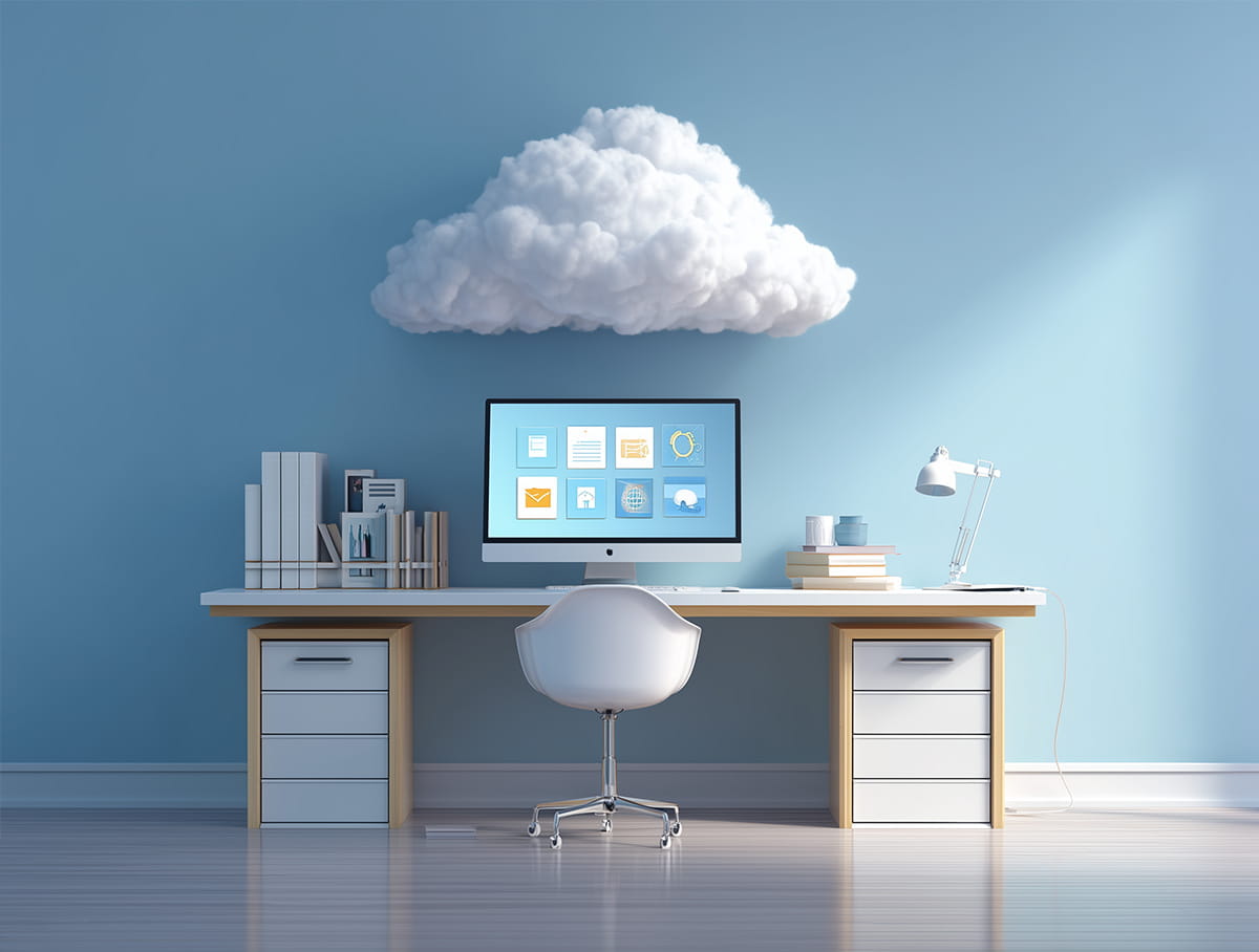 Nuage cloud au dessus d'un bureau avec un ordinateur et des données personnelles