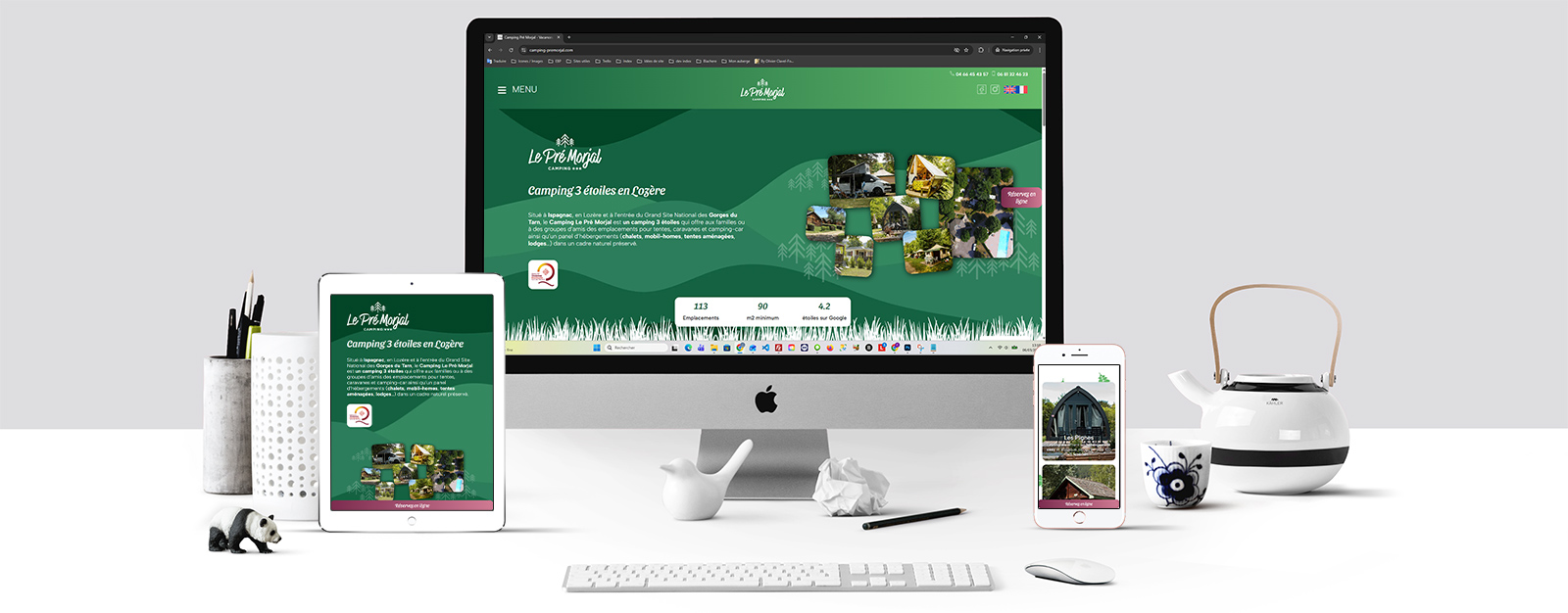 Ecrans présentant le site internet du Camping le Pré Morjal réalisé par Index LD