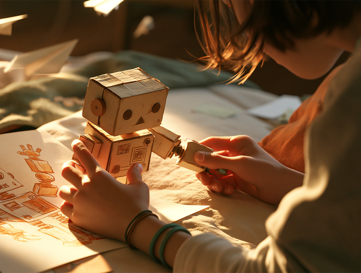 Un enfant qui assemble un robot en bois pour illustrer les automatisations souveraines en données et automatisations avec ou sans IA utilisées par Index LD